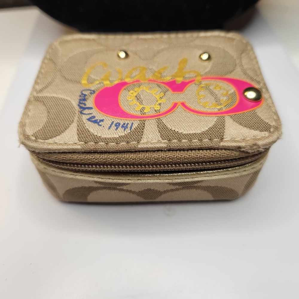 Coach Beige Signature Canvas Trinket Case with Pink & Gold Accent